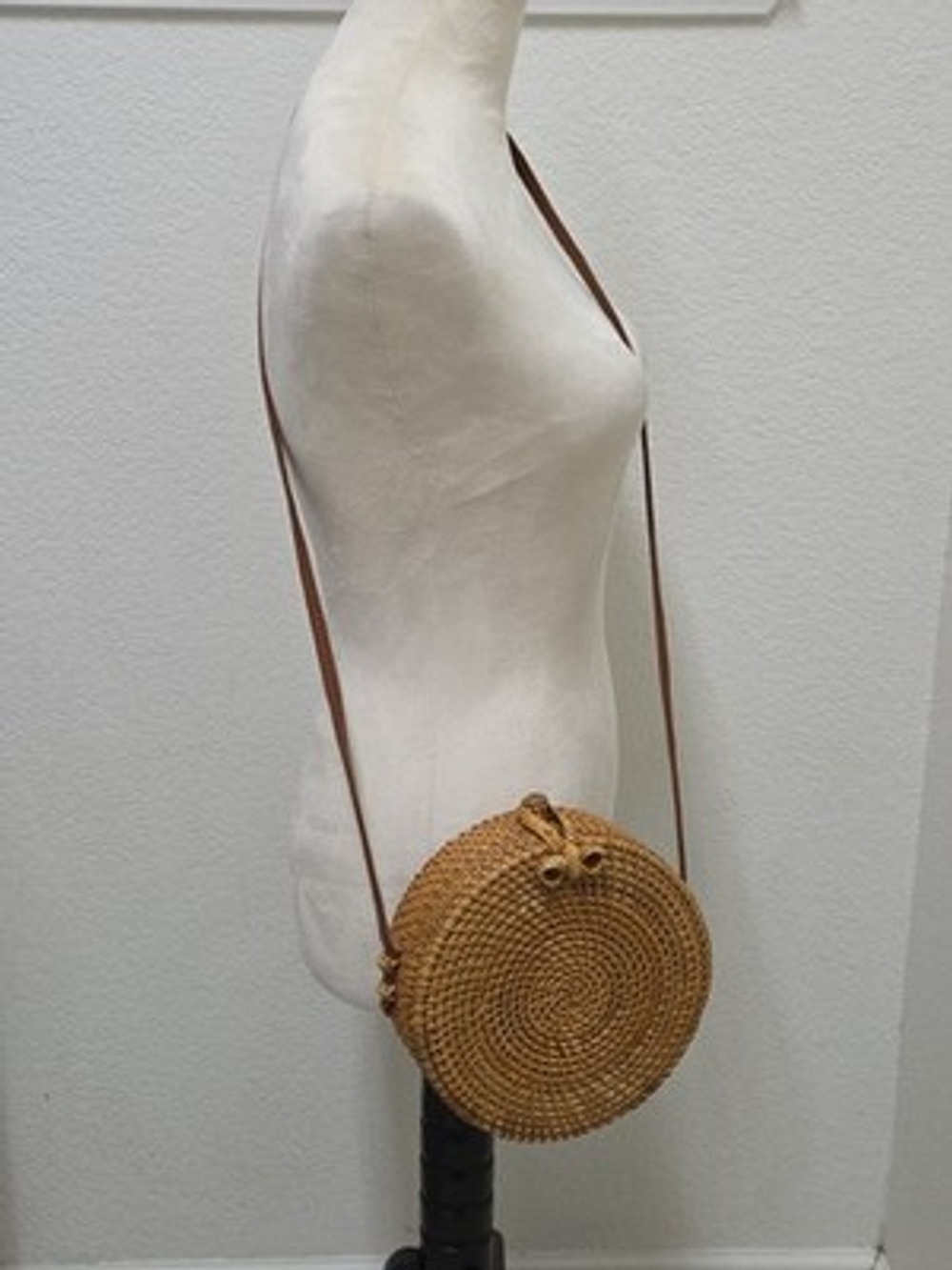 Round Bali Rattan Crossbody Bag Woven Ata Straw Boho Basket Purse Batik Lining